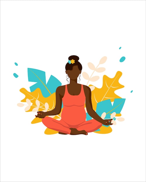 Vector a pregnant darkskinned girl does yoga in front of plants banner flyer postcard tshirt printing