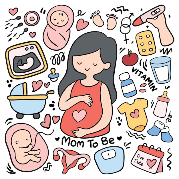 Vettore insieme di doodle incinta mamma con illustrazione vettoriale di attrezzature relative al neonato