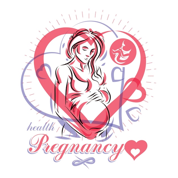 Pregnant female body shape hand drawn vector illustration, beautiful lady gently touching her belly. Medical rehabilitation and childcare center marketing card