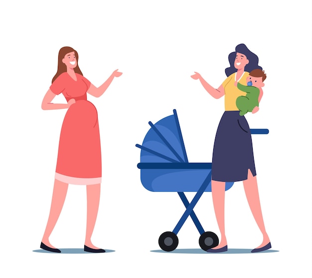 Premium Vector  Pregnant female character and mother with little child on  hands chatting discussing maternity leave and motherhood issues on street.  young women baby delivery. cartoon people vector illustration