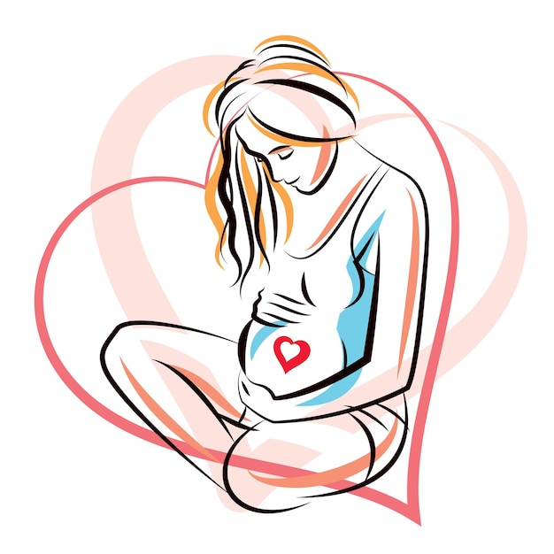 Беременная женщина, окруженная рамкой в форме сердца, нарисованная вручную векторной иллюстрацией, красивая дама нежно касается своего живота. концепция любви и нежности.