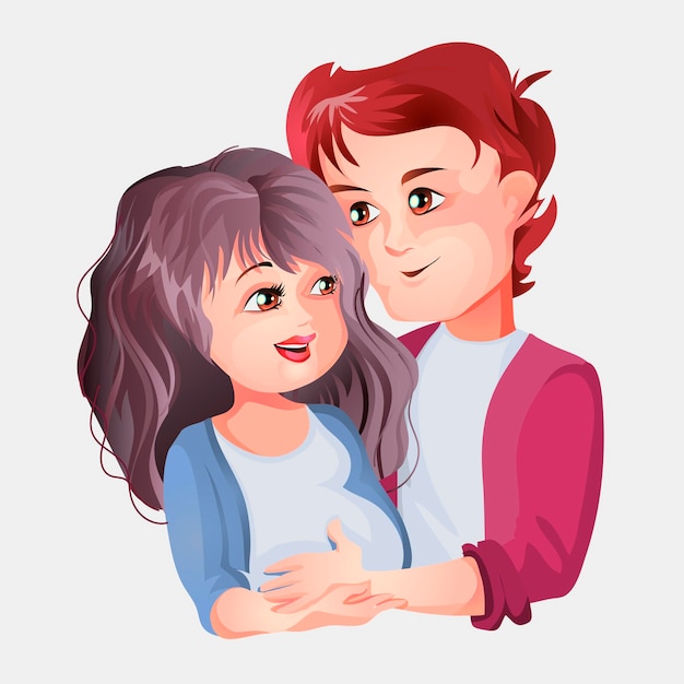 Pregnant girl and boyfriend cuddling. Happy pregnancy emotions. Vector illustration in cartoon style for Mothers Day.