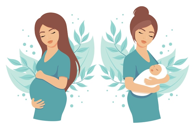 妊娠中の女の子と彼女の腕の中に赤ちゃんを持つ女の子
