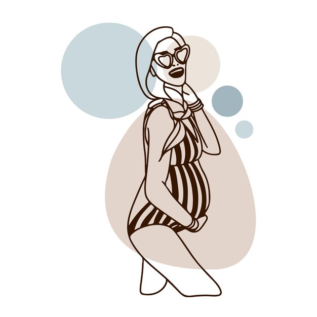 Vector pregnant girl in glasses in a swimsuit round and big belly doodle