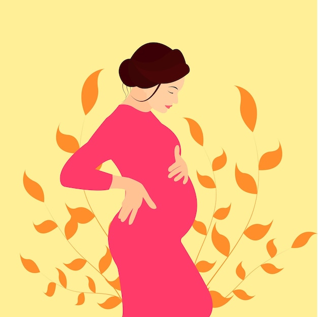 Pregnant girl Pregnant woman in a pink dress Expectant mother hugs her belly Vector illustration