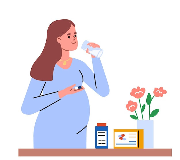 Pregnant girl taking vitamins Future mom taking care of her health Pregnancy vector illustration