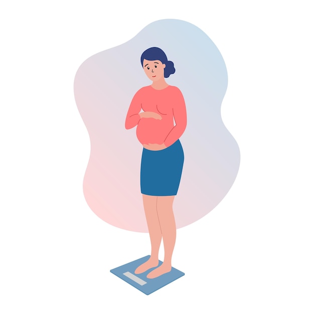 Pregnant on scales Pregnancy weight gain Woman standing on electronic scales Expectant mother weighing Flat vector illustration