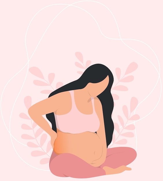 pregnant woman back pain on a pastel pink background