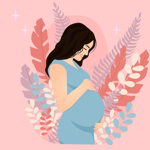 Pregnant woman in a blue dress hugs her belly on a pink background with tropical leaves