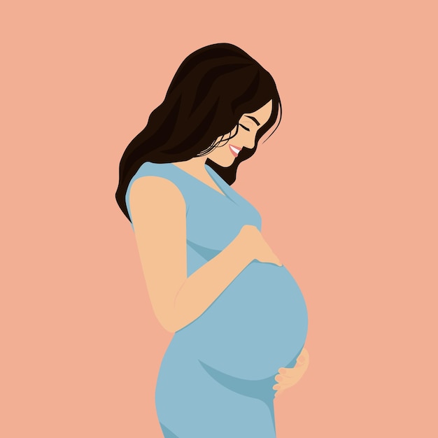 Pregnant woman in a blue dress hugs her belly