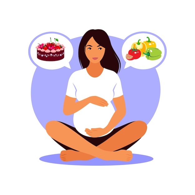 Vector pregnant woman chooses between healthy food or fast food. vector flat illustration