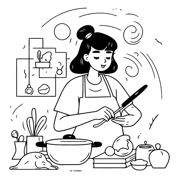 Vector pregnant woman cooking in the kitchen in cartoon style