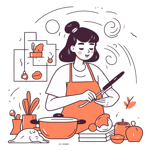 Pregnant woman cooking in the kitchen in cartoon style