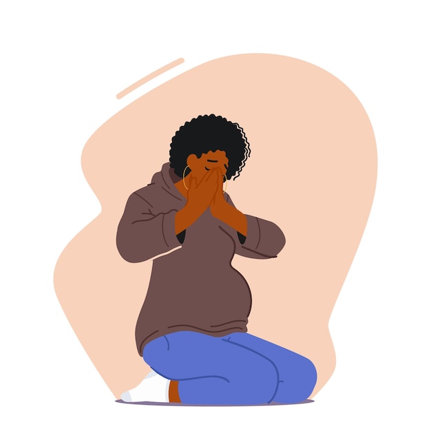 Vector pregnant woman crying sitting on floor sad female character in vulnerable state shedding tears vector illustration