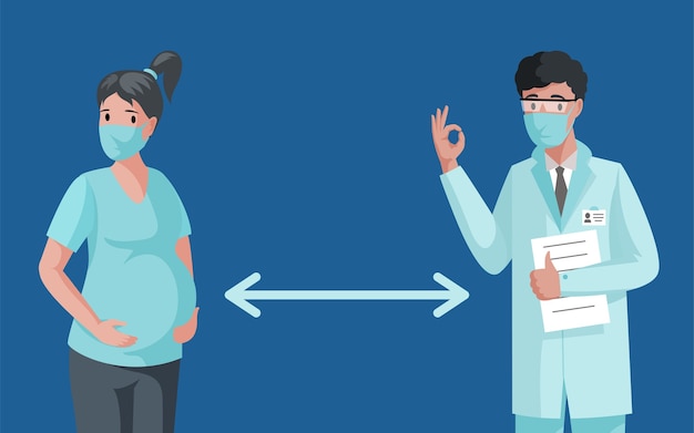 Pregnant woman and doctor in face masks keeping distance