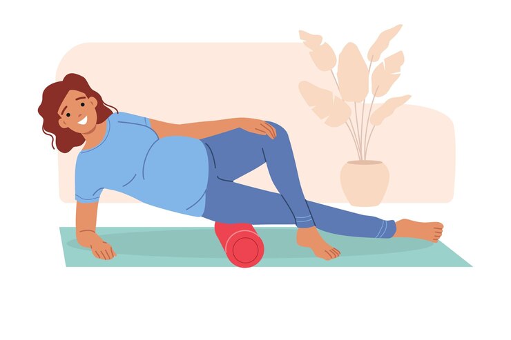 वेक्टर pregnant woman does yoga or pilates to improve health while lying on fitness mat