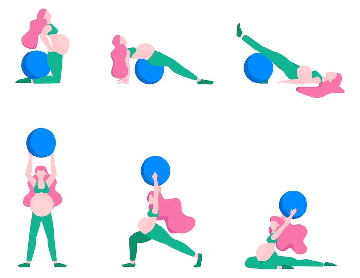 Vector pregnant woman doing fitness set. exercises with fit ball.
