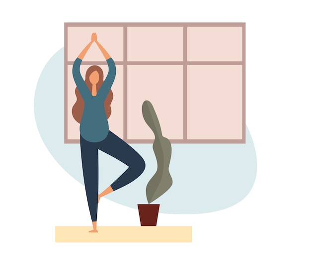 Donna incinta che fa yoga a casa. illustrazione