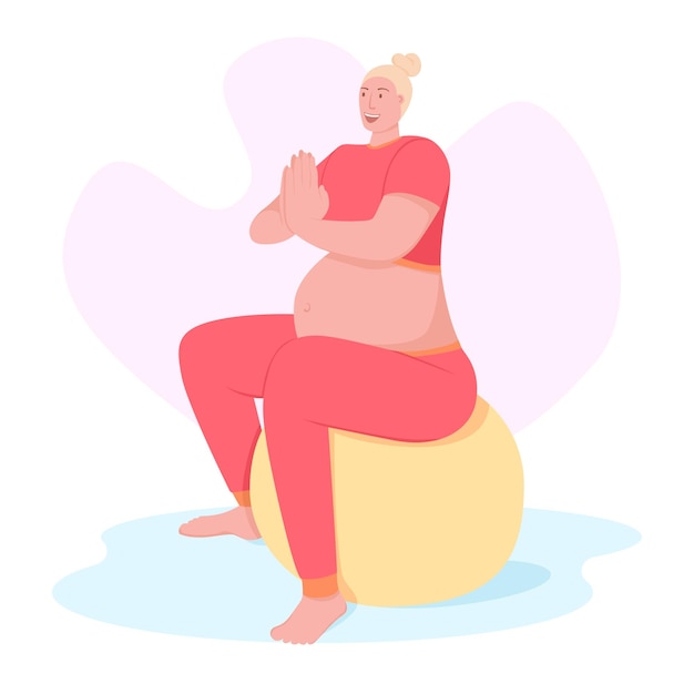 Vector pregnant woman doing yoga with ball flat concept vector modern cartoon illustration