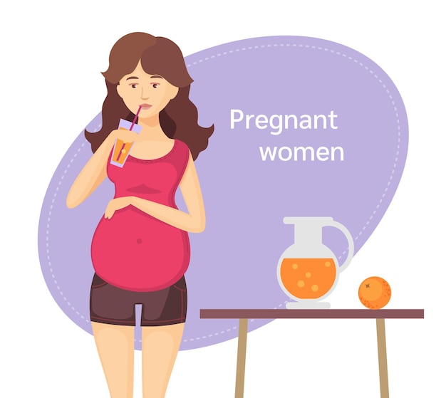임신한 여자는 유리잔에 주스를 마신다 모성의 건강한 식습관과 건강한 생활의 개념