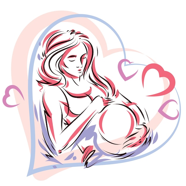 Pregnant woman elegant body silhouette placed in decorative heart shape frame, sketchy vector illustration. Love and gentle feeling concept.