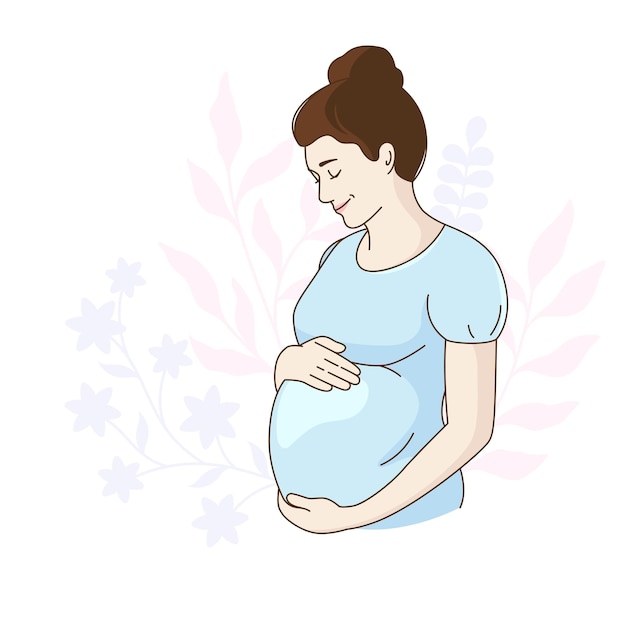Pregnant woman girl on a flower branches background Cartoon comic vector drawing illustration