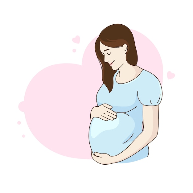 Pregnant woman girl on a heartshaped background Cartoon comic vector drawing illustration