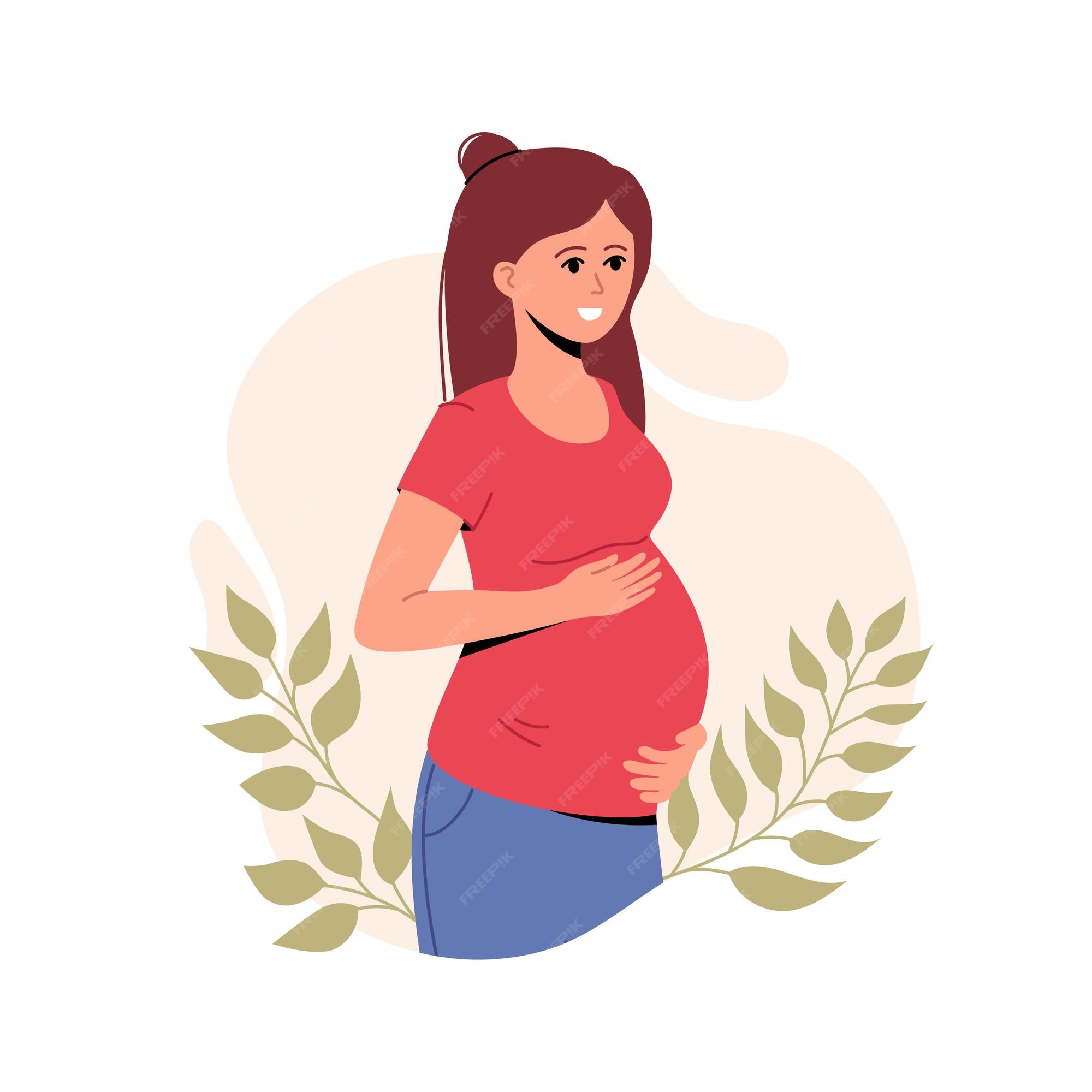 Premium Vector | Pregnant woman happy future mom standing and hugging belly with arms in leaves Premium Vector | Pregnant woman happy future mom standing and hugging belly with arms in leaves