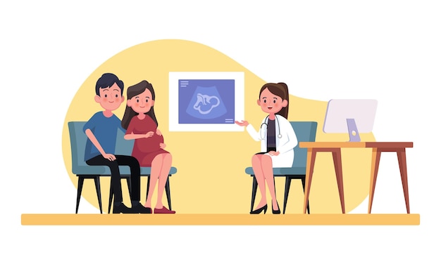 Vector a pregnant woman and her husband consult a doctor in a gynecology office