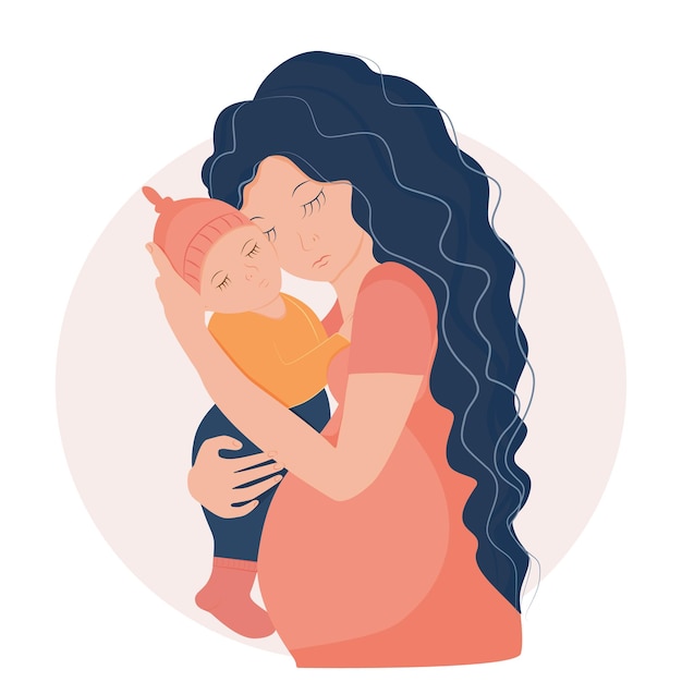 Vector a pregnant woman holding a baby and wearing a pink top.