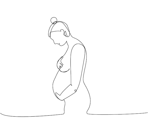 Vector pregnant woman holding her belly one line art continuous line drawing of pregnancy motherhood