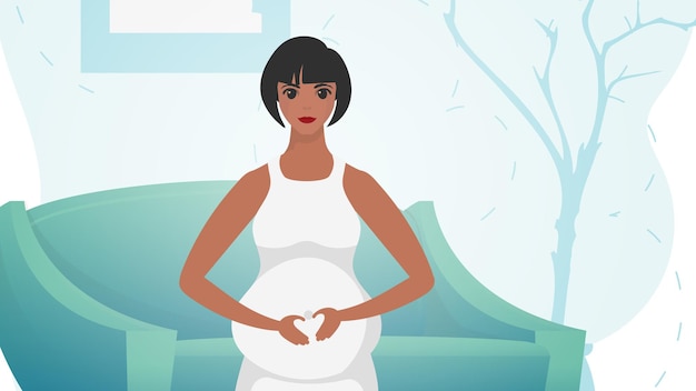 Vector a pregnant woman holds her belly with her hands a beautiful pregnant woman is standing in front gentle colors vector