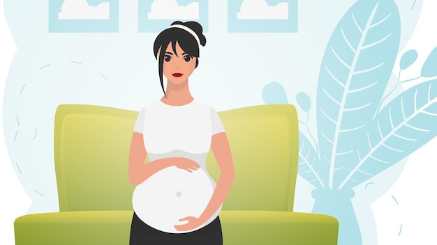 Vector a pregnant woman holds her belly with her hands a young mother is waiting for a newborn vector illustration