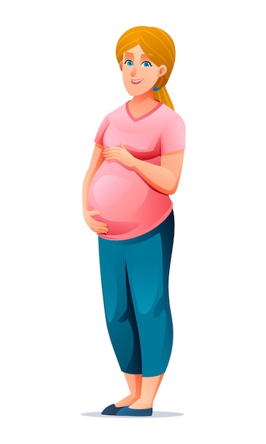 Pregnant woman hugging her belly Vector cartoon illustration isolated on white background