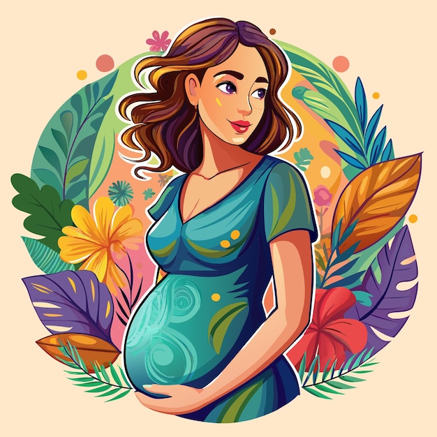 a pregnant woman is standing in a circle with a floral background