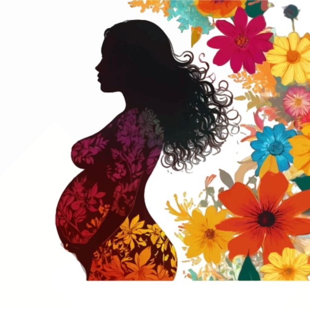 임신한 여성이 꽃 실루 터와 함께 다채로운 배경 앞에 서 있습니다.
