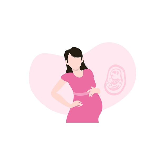 A pregnant woman is standing in front of a heart with a picture of a baby on it.