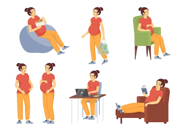 Pregnant woman lifestyle cartoon illustration set. happy future mom doing different exercises like eating, reading, working, shopping