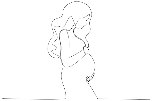 A pregnant woman looks at her belly Pregnant and breastfeeding oneline drawing