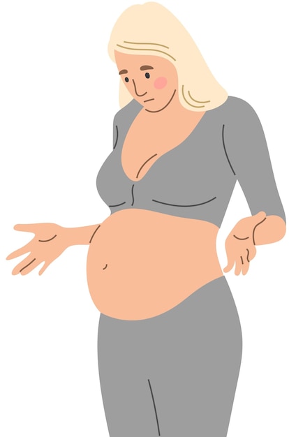 A pregnant woman looks at her stomach in confusion