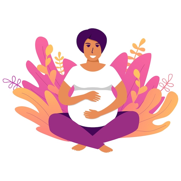 Vector pregnant woman makes yoga lotus pose.