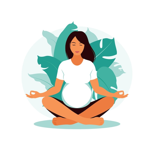 Pregnant woman makes yoga and meditation. Concept pregnancy, motherhood, health care. Illustration in flat style.