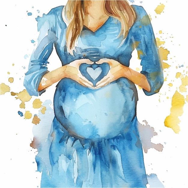 Vector pregnant woman making a heart shape with hand gestures watercolor paint