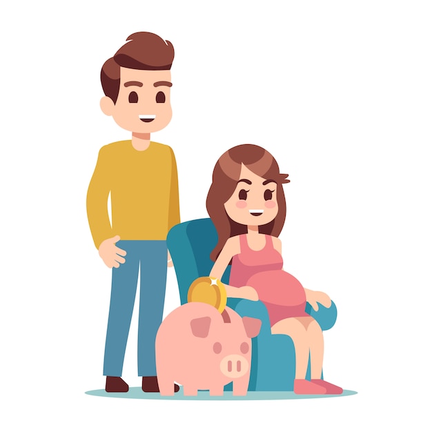 Pregnant woman, man and piggy bank