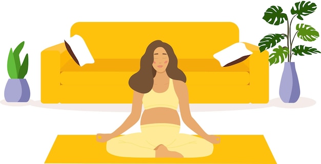 妊娠中の女性が蓮華座で瞑想し、ヨガを練習します。ヨガ、瞑想の概念