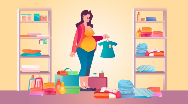 Vector pregnant woman packing bag for maternity in hospital at home pregnancy motherhood expectation concept