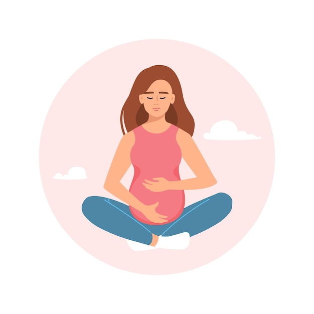 A pregnant woman in a pink shirt is sitting in a lotus position.