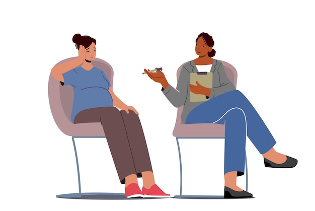 pregnant woman and psychologist characters sitting and chatting at childbirth preparation courses pregnancy support