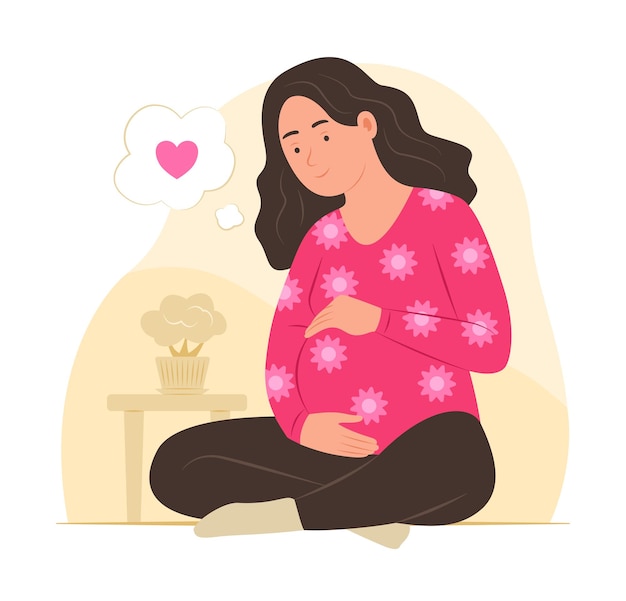 Vector pregnant woman rubs her belly for take care concept illustration