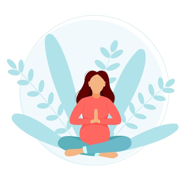 Pregnant woman sits in lotus position on background of leaves